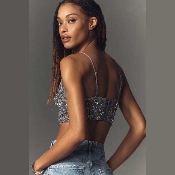 NEW Sizes M, XL The Eve Sequin Longline Bralette - Silver by Anthropologie - Picture 5 of 5